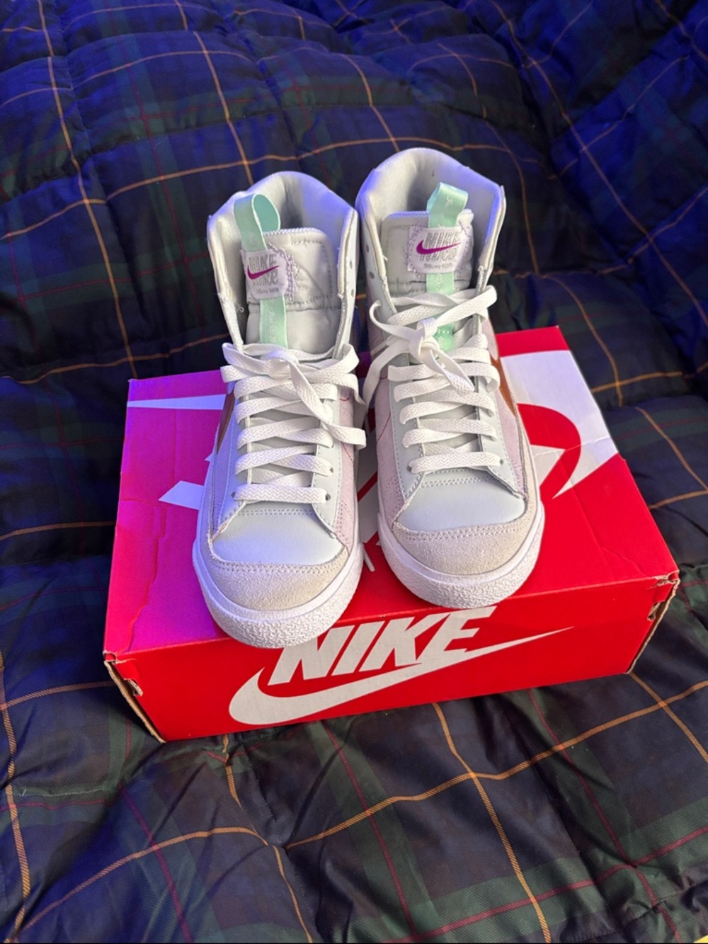 Nike Kids White High-Top Sneakers with Mint and Pink Accents